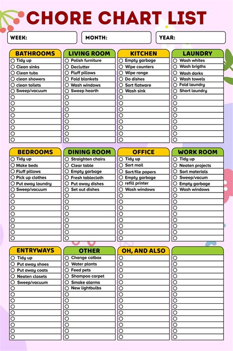 Printable Chore Chart List For Adults Chore Schedule Chore Checklist