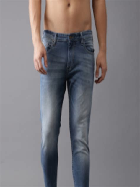 Buy Hereandnow Men Blue Tapered Fit Cropped Mid Rise Clean Look