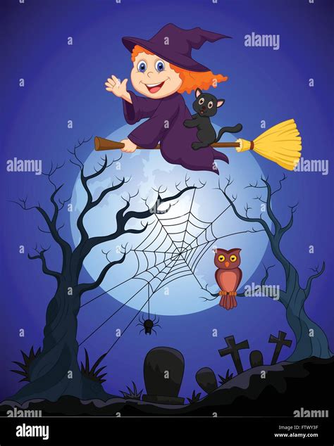 The Witch Flying On A Broom On A Full Moon Over The Cemetery Stock