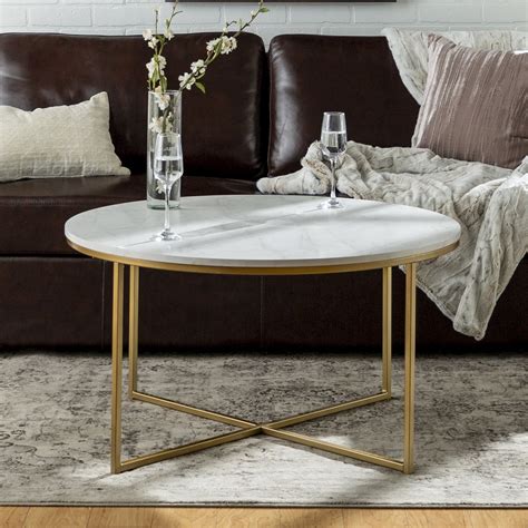 Ember Interiors Modern Round Coffee Table Faux White Marblegold