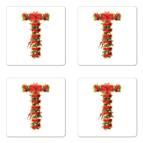 Christmas Alphabet Coaster Set Of 4 Red Ribbons And Baubles On Tree