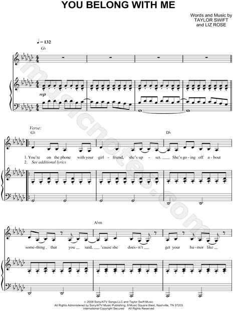 Taylor Swift You Belong With Me Sheet Music In Gb Major Transposable