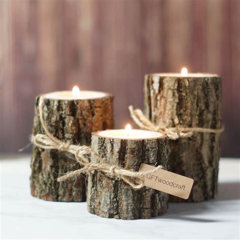 Burlap And Twine Log Candle Holder Set Of 3 Rustic Tea Light Holders