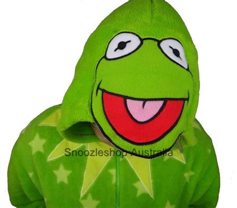 Onesie Pajama Kermit Frog Sleepwear Jumpsuit Footed Hooded Muppet