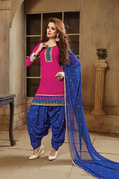 Stylish Punjabi Style Function Wear Patiala Pink And Blue Cotton Chicken Suits Patiala Shalwar