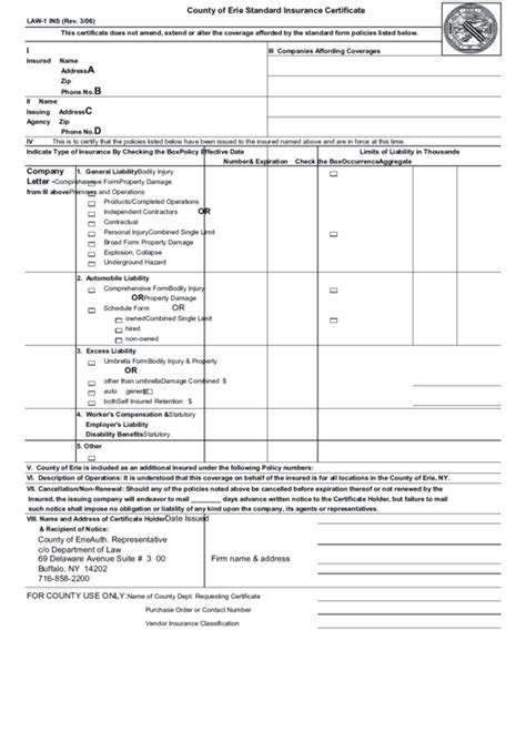 Erie insurance offers auto, homeowners and many additional categories of insurance policies to erie insurance review 2021. Fillable Standard Insurance Certificate Template - County Of Erie printable pdf download