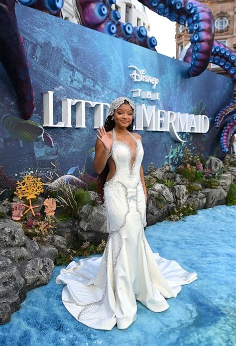 Halle Bailey Wears White Gown Beaded Headpiece For Little Mermaid