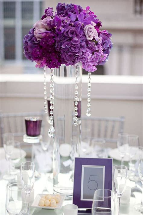 Purple Tall Wedding Centerpiece With Hanging Crystals