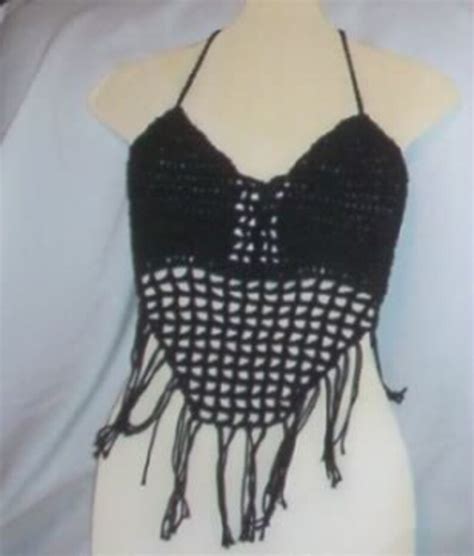 Hand Crochet Black Fringed Halter Bikini Top Made 2 Order Etsy