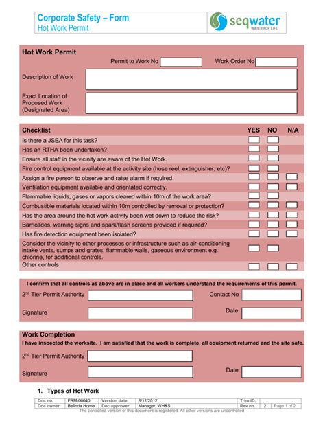 Printable Hot Work Permit Form Fill Out And Sign Printable Pdf