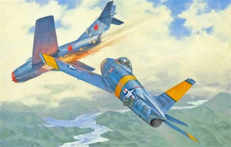 Обои War Art Painting Aviation Korea Dogfight Jets F 86 Sabre