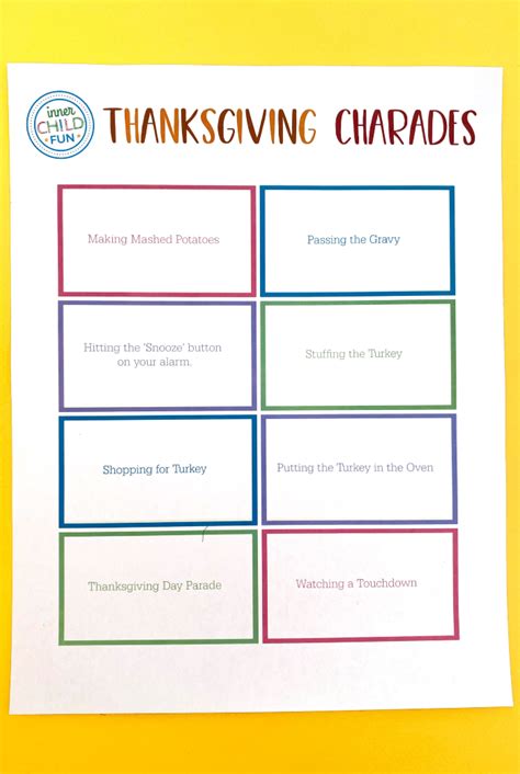 Thanksgiving Charades Game For Kids Printable Inner Child Fun