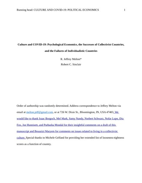 Pdf Covid 19 And Culture Psychological Economics The Successes Of