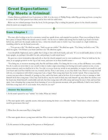 Please use any of the printable worksheets (you may duplicate them) in your classroom or at home. Great Expectations Reading Comprehension Worksheet