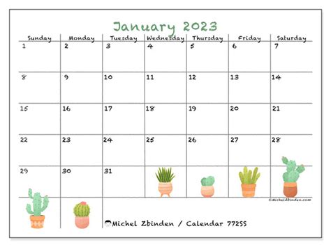 January 2023 Printable Calendar “772ss” Michel Zbinden Nz