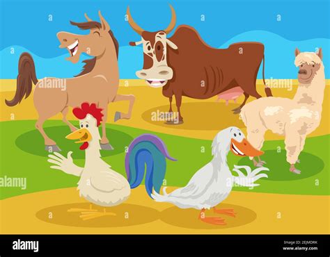Cartoon Illustration Of Funny Farm Animal Characters Group In The