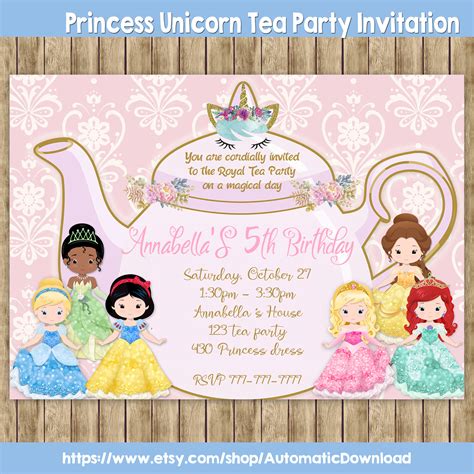 Princess Unicorn Tea Party Invitation Princess Tea Party Etsy