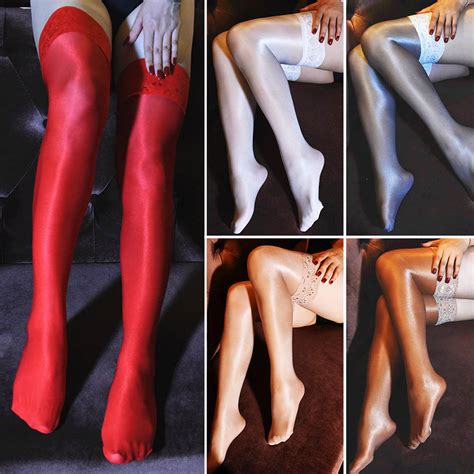 Womens Oil Shiny Glossy High Stockings Lace Silicone Stay Up Thigh