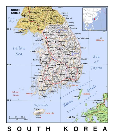Detallado mapa político de Corea del Sur con relieve Corea del Sur