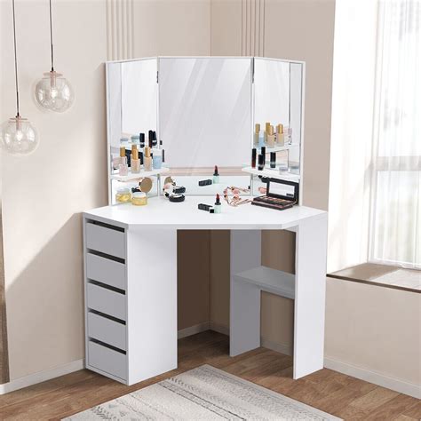 Modern Corner Makeup Desk Vanity Dressing Table W3 Fold Mirrors And 5