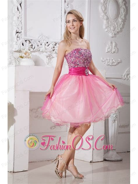 Pink A Line Strapless Short Prom Dress Taffeta And Organza Beading Knee