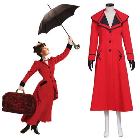 Mary Poppins Costume Cosplay Red Trench Coat Halloween Carnival Uniform