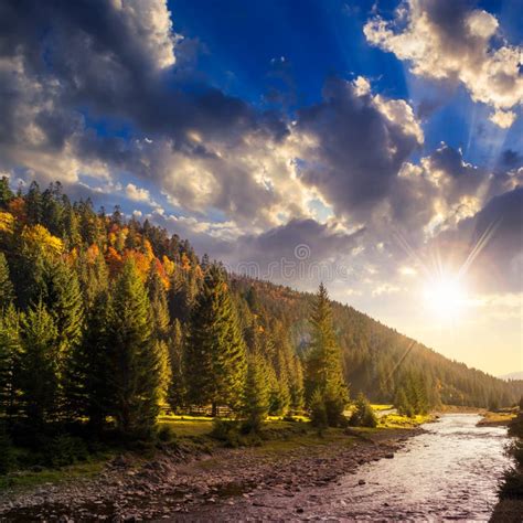 Forest River In Autumn Mountains At Sunset Stock Photo Image Of