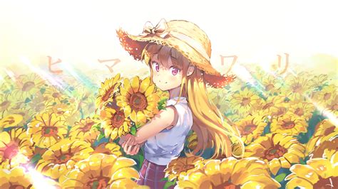 Cute Anime Girl With An Armful Of Sunflowers Hd Wallpaper
