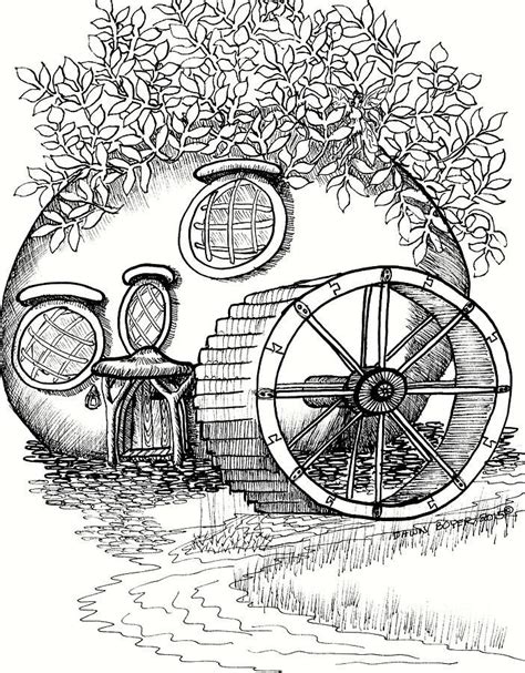 Fantasy coloring page instant download printable fairies etsy. Round Fairy House and Waterwheet by Dawn Boyer in 2020 ...