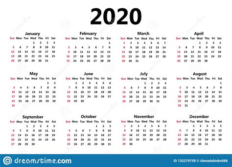 Calendar 2020 Template Week Starts On Sunday Stock Illustration