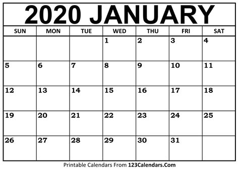 Pick January Printable Large Calendar 2020 Calendar Printables Free Blank