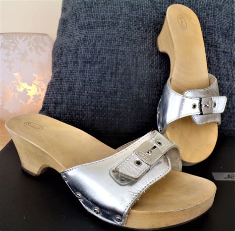 dr scholl vintage 1980s silver and wood sandal mule etsy in 2020 dr scholls sandals heeled