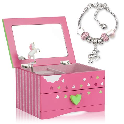 Kids Unicorncastleprincess Wooden Musical Jewelry Box For Girls With