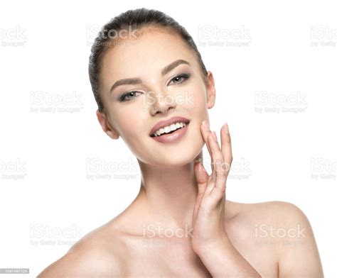 Beautiful Woman Cares For The Skin Face Isolated On White Stock Photo