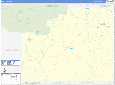 Amite County Ms Zip Code Wall Map Basic Style By Marketmaps Mapsales