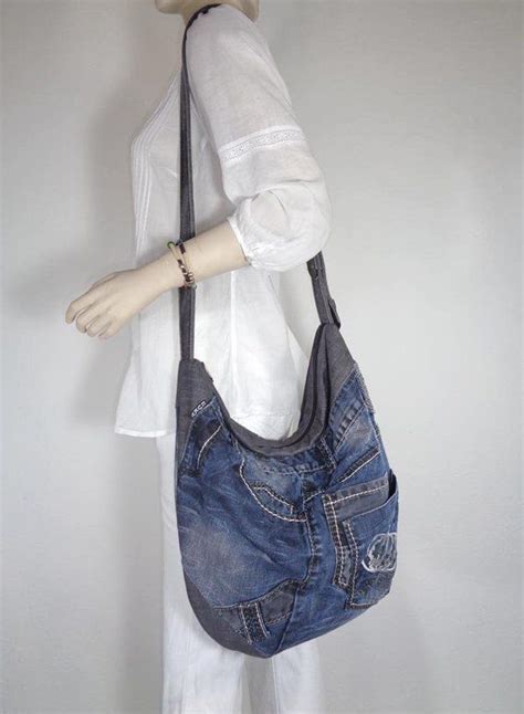 Denim Bag Cross Body Slouchy Hobo Shoulder Bag Up Cycled Jeans Punk Emo