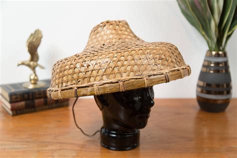 Antique Chinese Rice Hat Rattan Wicker Asian Farmers Hat With