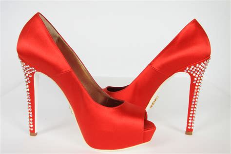 Retcit Red Satin Pumps With Swarovski Crystal Signature Heel By Riches