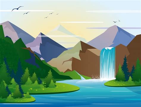 Premium Vector Illustration Of Beautiful Waterfall In Mountains
