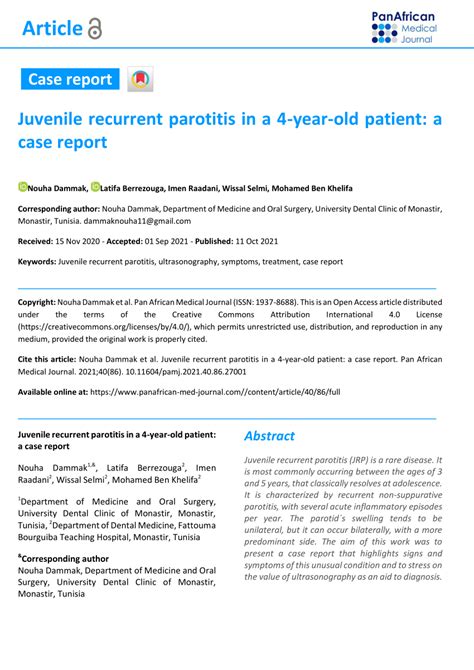 Pdf Juvenile Recurrent Parotitis In A 4 Year Old Patient A Case Report