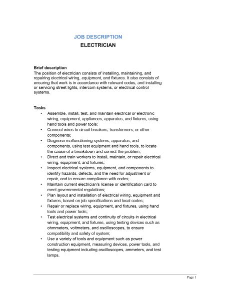 Check spelling or type a new query. Electrician Job Description Template - Word & PDF | By ...