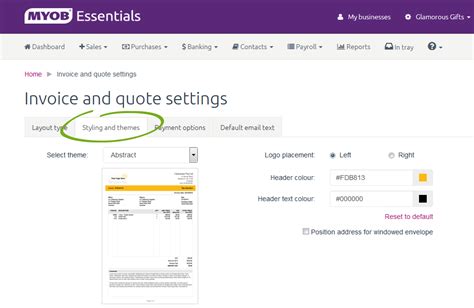 invoice  quote settings myob essentials accounting