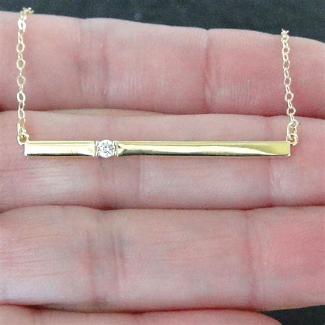 14k Gold Bar Necklace With Diamond Thin Horizontal Stick Necklace From Theresaminkdesigns On