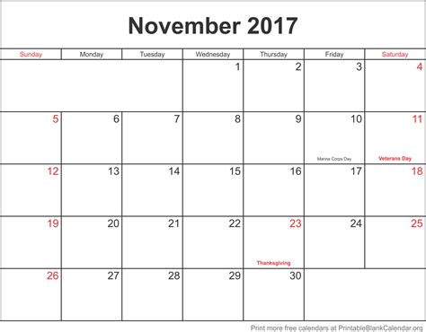 November 2017 Monthly Calendar Printable Blank