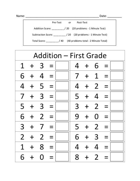 First Grade Addition Subtraction Timed Test