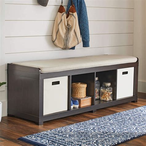 Long Entryway Bench With Storage Shelves Cubbies And Removable Beige