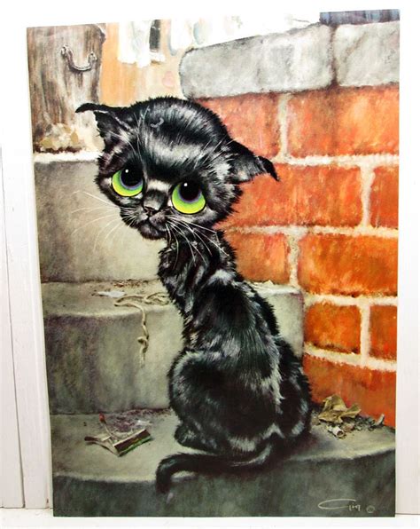 Vintage Gig Pity Kitty Illustration Print Black Big Eye Cat