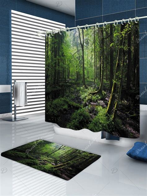 Forest Trees Print Fabric Bathroom Shower Curtain Bathroom Shower