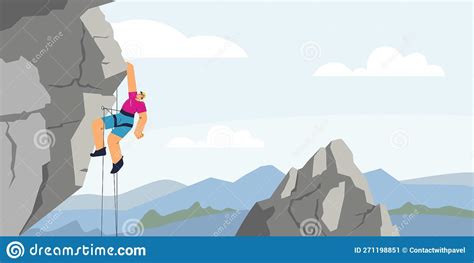 Mountain Range View With Climber Or Alpinist Flat Cartoon Vector