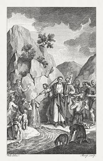 Moses Striking The Rock Copperplate Engraving Published 1774 Stock
